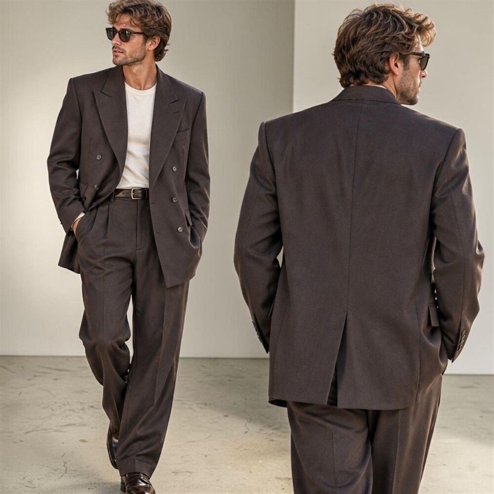 Vtg 1988 Hickey Freeman Roots 44L Double Breasted 2pc Suit Brown 36x32 Corpcore
